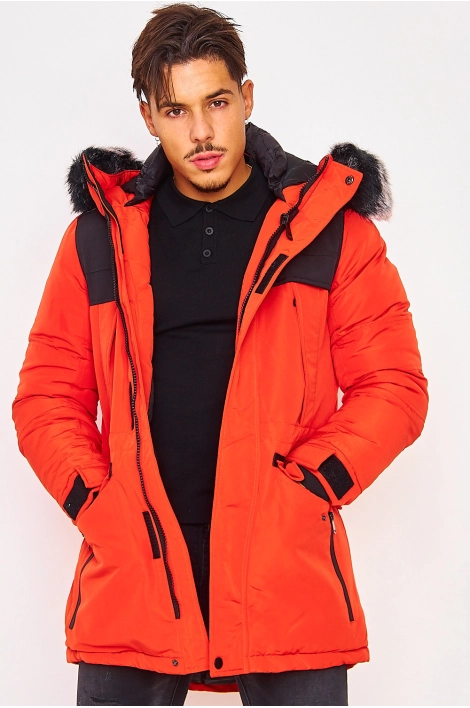 Parka orange/noir capuche à fourrure