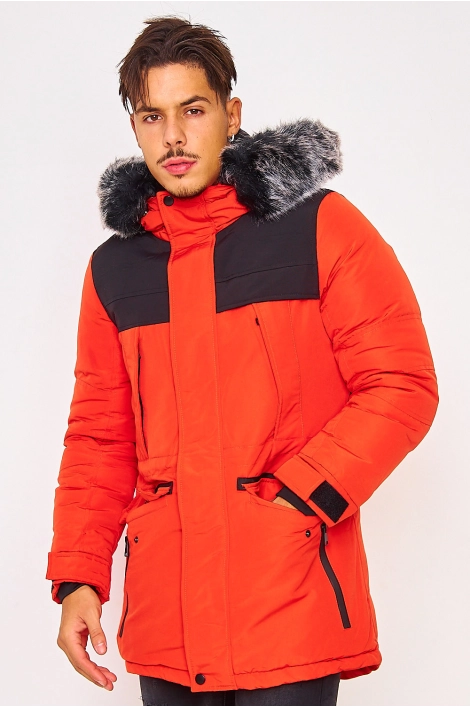 Parka orange/noir capuche à fourrure