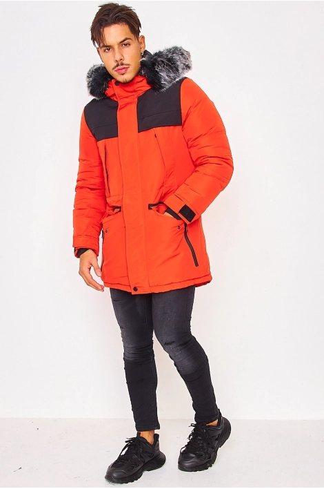 Parka orange/noir capuche à fourrure