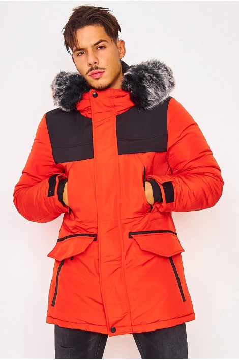 Parka orange/noir capuche à fourrure