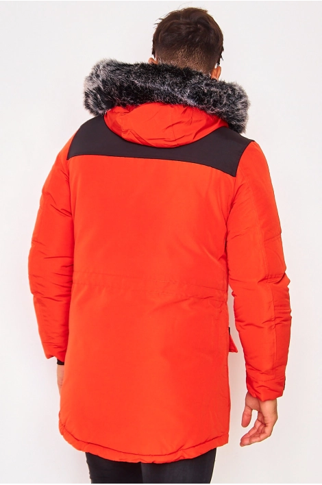 Parka orange/noir capuche à fourrure