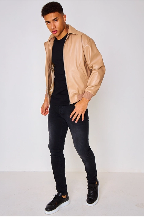Bomber en simili cuir beige foncé