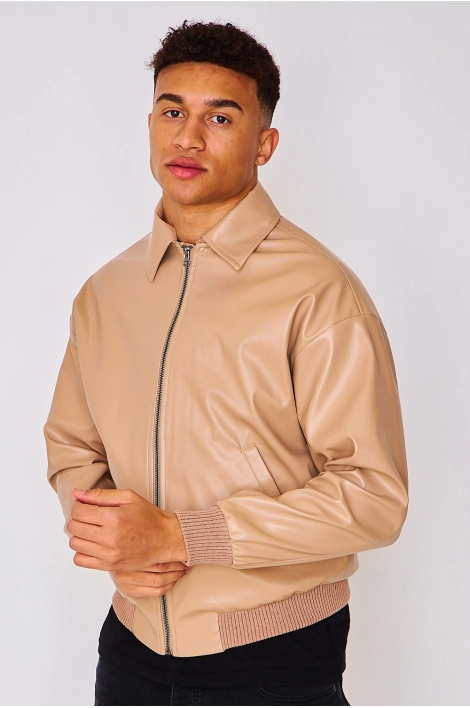 Bomber en simili cuir beige foncé