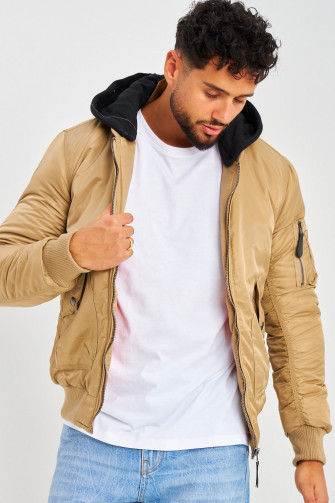 Bomber épais beige foncé avec capuche noire en coton amovible