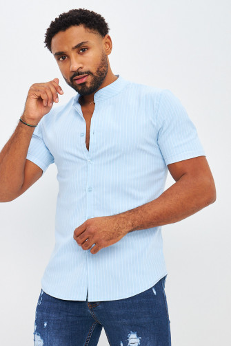 Collarless shirt with vertical stripes in light blue