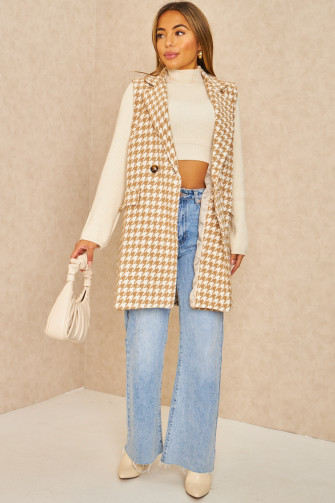 Veste blazer beige sans manches pied de poule