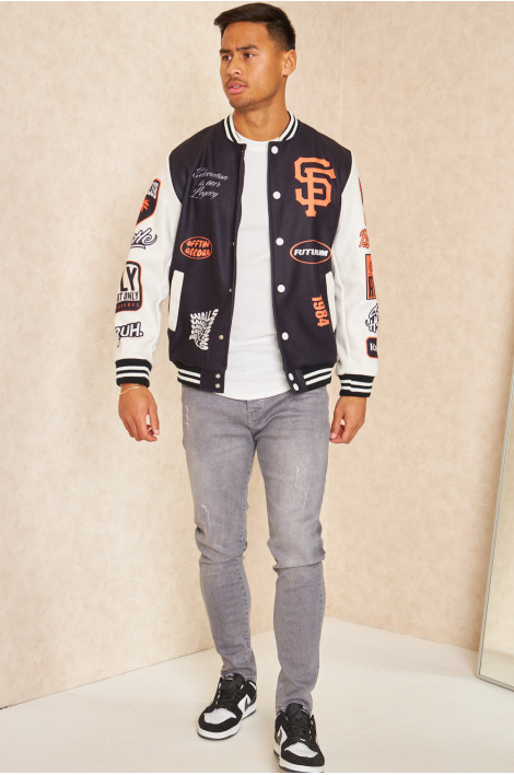 Bomber universitaire noir et blanc à logos orange