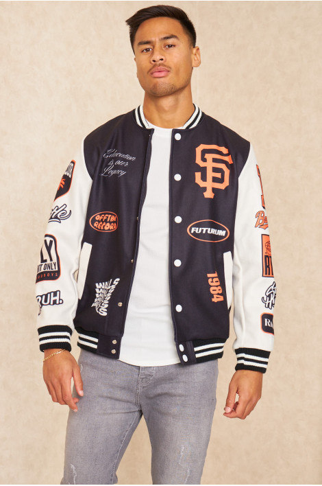 Bomber universitaire noir et blanc à logos orange