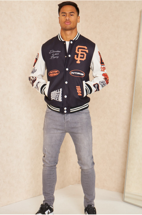 Bomber universitaire noir et blanc à logos orange