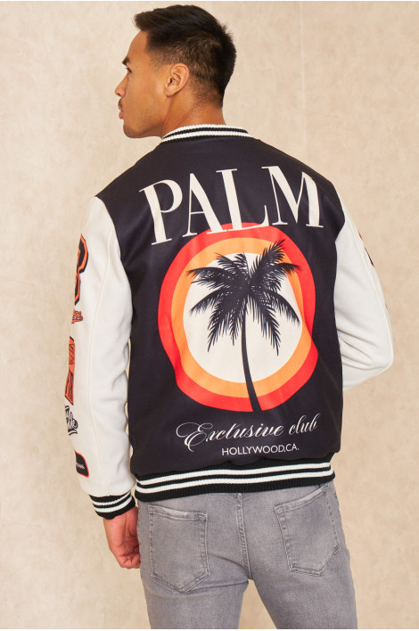Bomber universitaire noir et blanc à logos orange