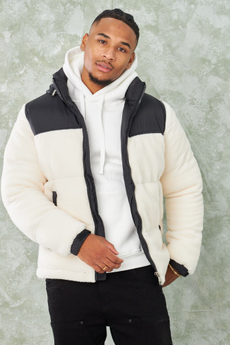 Parka teddy noir en peau de mouton beige