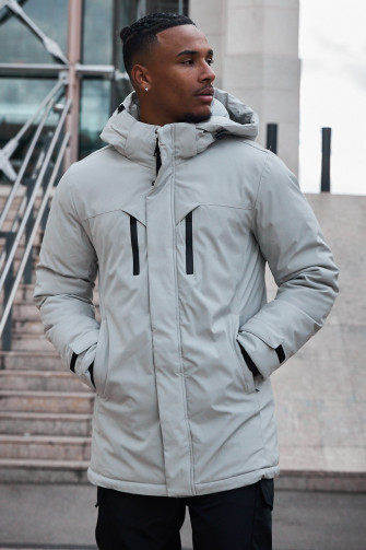 Parka grise à capuche mi-longue