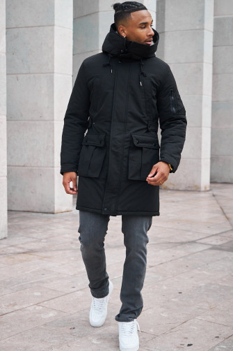 Parka noire à capuche longue à poches