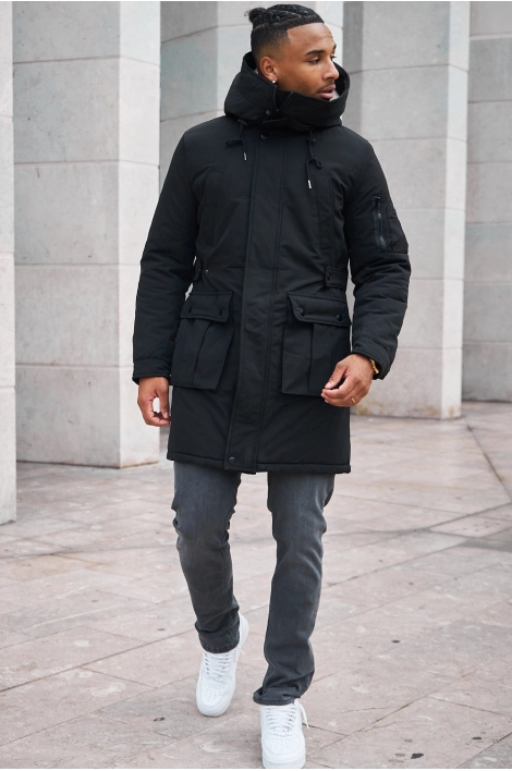 Doudoune Longue Homme Hiver - Parka Matelassée Chaude, Col Montant, Coupe-vent, Polyester, Tailles S à XXXXL, Noir, Pour Grand Froid - 3