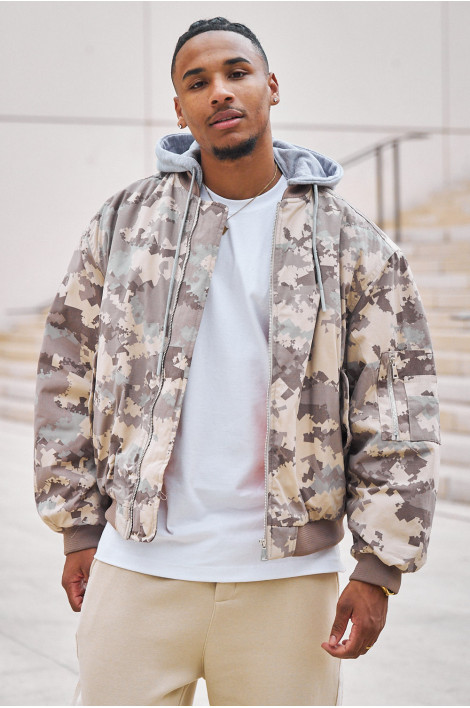 Veste bi-matière à capuche camouflage beige