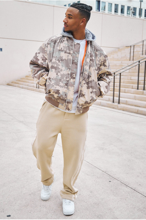 Veste bi-matière à capuche camouflage beige