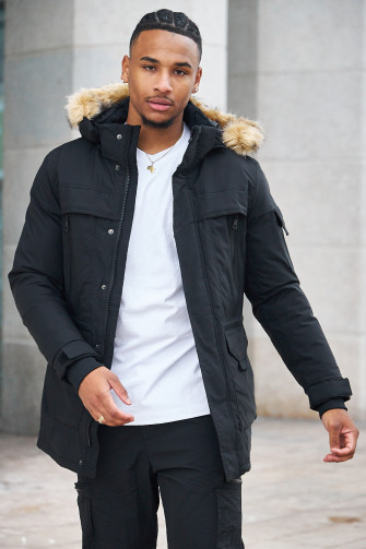 Parka bi-matière noire à capuche en fourrure
