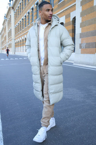 Doudoune longue matelassée beige à capuche