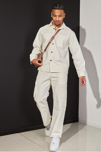 Ensemble 2 pièces chemise + pantalon beige  à coutures apparente