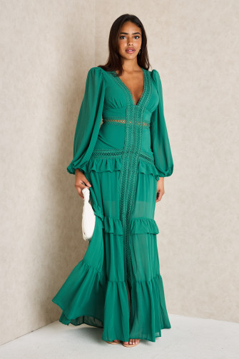 Robe longue vert foncé à empiècement crochet