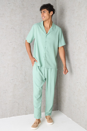 Ensemble 2 pièces chemise + pantalon turquoise texturée