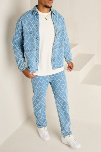 Ensemble 2 pièces veste + jean bleu en denim effiloché