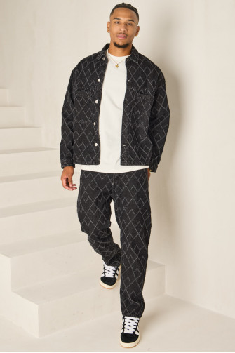 Ensemble 2 pièces veste + jean noir en denim effiloché