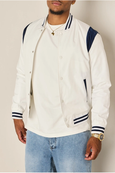 Bomber blanc à détails bleu foncé