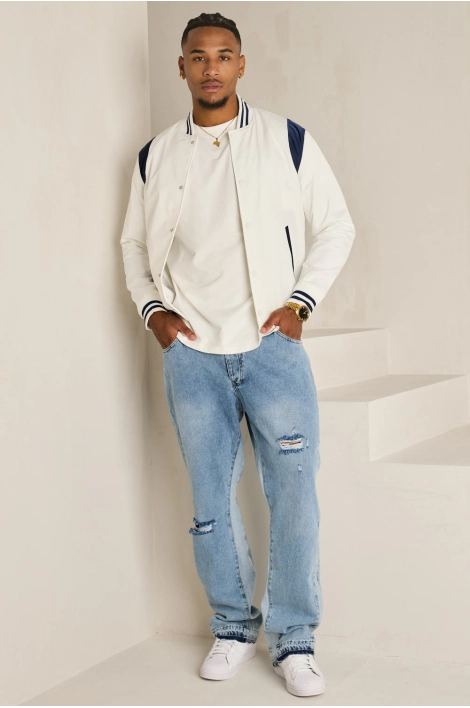 Bomber blanc à détails bleu foncé