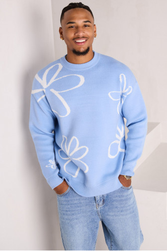 Pull en maille bleu clair à motif fleurs
