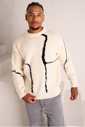 Pull en maille beige à empiècement duveteux noir