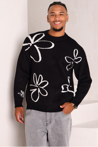 Pull en maille noir à motif fleurs