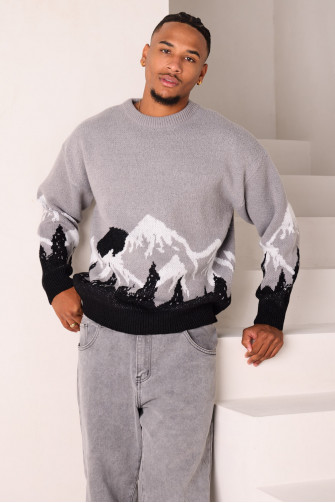 Pull en maille à motif paysage gris