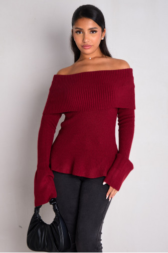 Pull côtelé à col bardot bordeaux