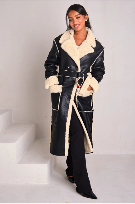 Manteau long en simili cuir et empiècement peau de mouton