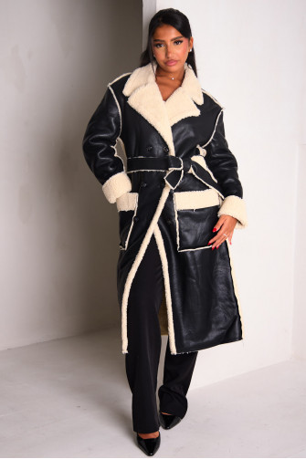 Manteau long en simili cuir et empiècement peau de mouton