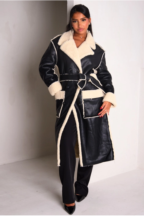 Manteau long en simili cuir et empiècement peau de mouton