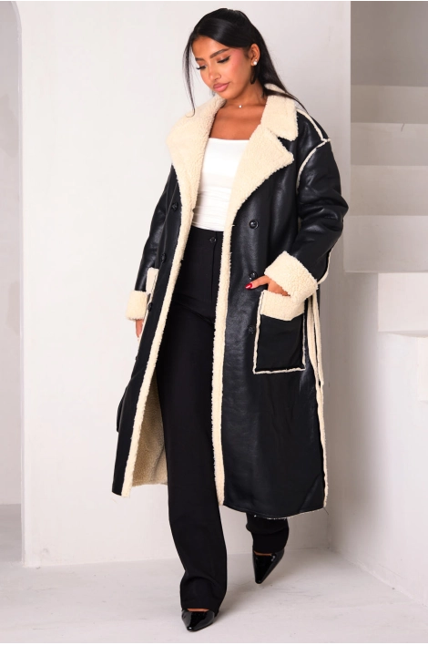 Manteau long en simili cuir et empiècement peau de mouton