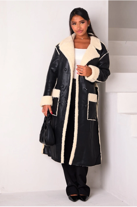 Manteau long en simili cuir et empiècement peau de mouton