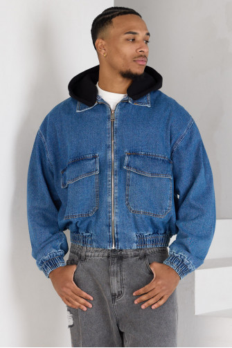 Veste en jean bleu à capuche bi-matière