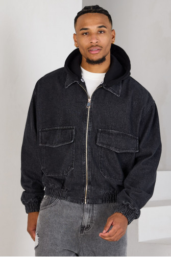 Veste en jean noire à capuche bi-matière