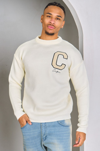 Pull beige en maille à logo "C"