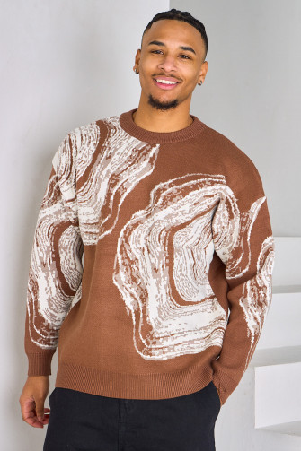 Pull marron à impression marbré beige