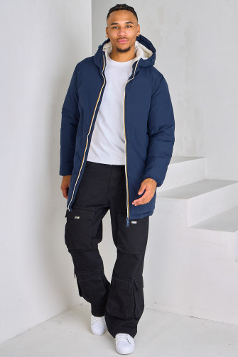 Veste longue molletonnée bleu foncé à bandes multicolores