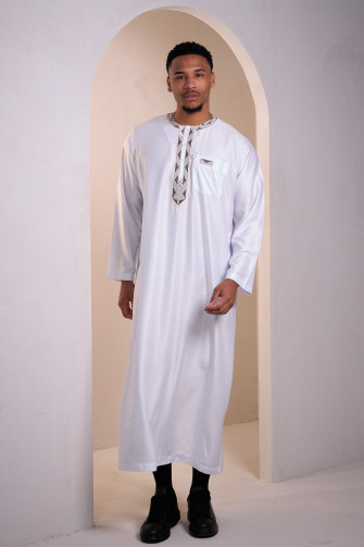Qamis blanc à motif aztèque marron et doré