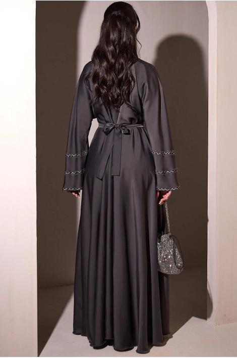 Abaya gris foncé à strass noir + voile