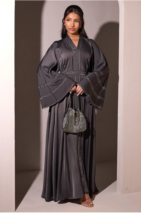 Abaya gris foncé à strass noir + voile