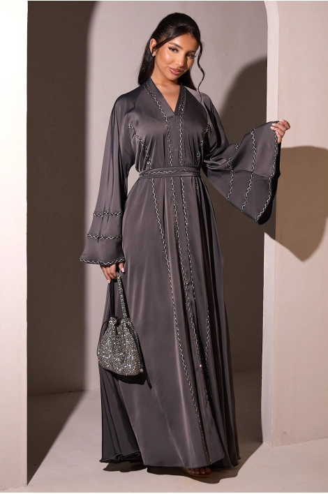 Abaya gris foncé à strass noir + voile