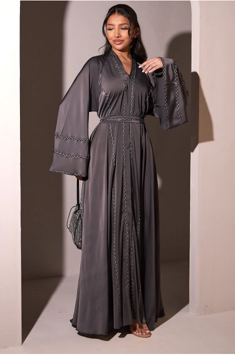 Abaya gris foncé à strass noir + voile