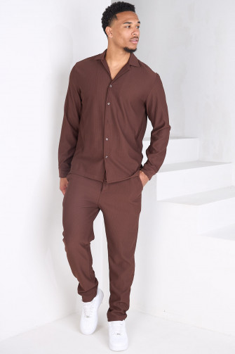Ensemble 2 pièces blouse + pantalon côtelé marron